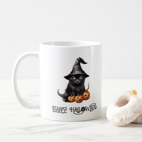 Black Cat In a Hat Pumpkins Happy Halloween Coffee Mug