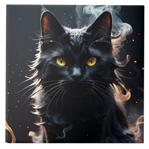 Black Cat in a Haze of Smoke  Ceramic Tile