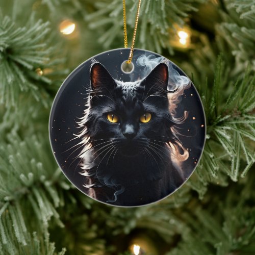 Black Cat in a Haze of Smoke Mystified  Ceramic Ornament