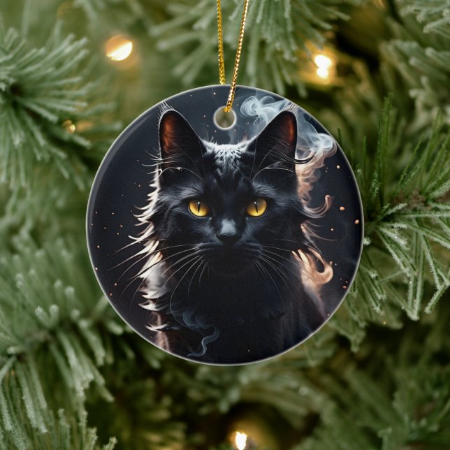 Black Cat in a Haze of Smoke Mystified  Ceramic Ornament (Tree)
