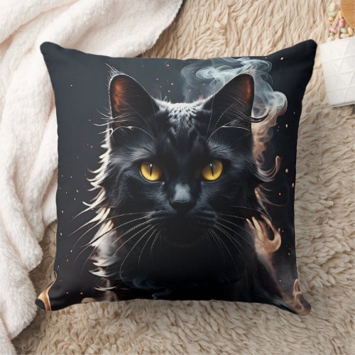 Black Cat in a Haze of Smoke Mystified  Throw Pillow