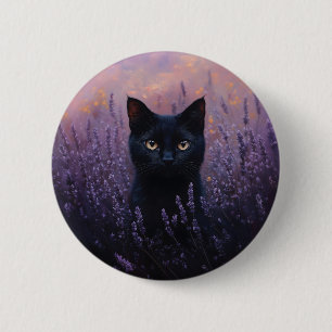Black Cat in a Lavender Field Illustration Button
