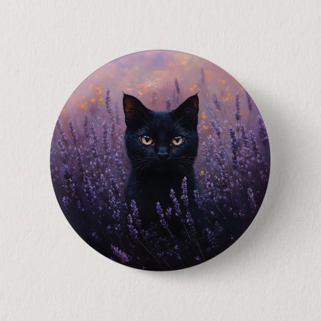 Black Cat in a Lavender Field Illustration Button (Front)