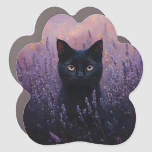 Black Cat in a Lavender Field Illustration Car Magnet
