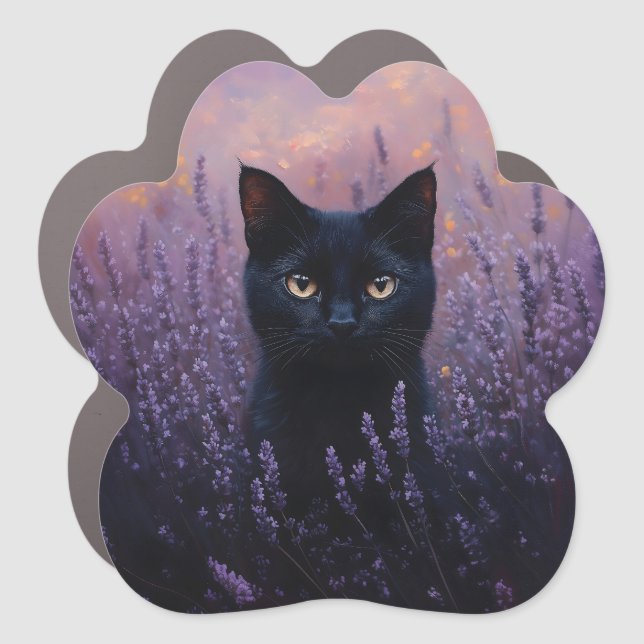 Black Cat in a Lavender Field Illustration Car Magnet (Front)