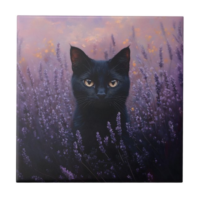 Black Cat in a Lavender Field Illustration Ceramic Tile (Front)