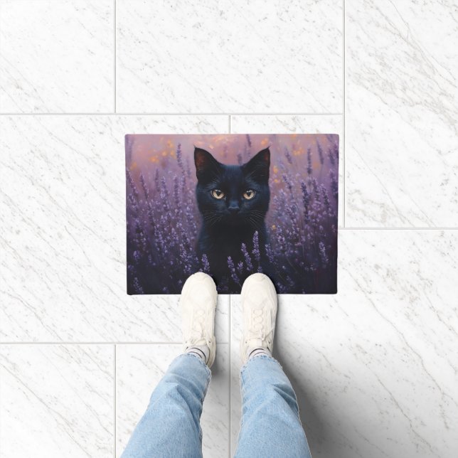 Black Cat in a Lavender Field Illustration Doormat (Indoor)