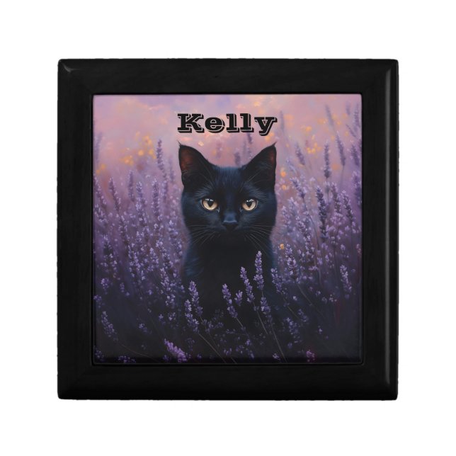 Black Cat in a Lavender Field Illustration Gift Box (Front)