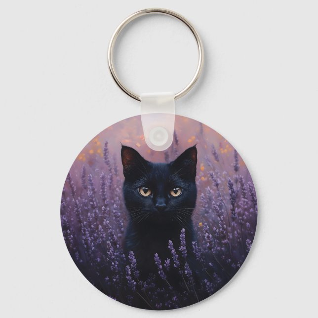 Black Cat in a Lavender Field Illustration Keychain (Front)