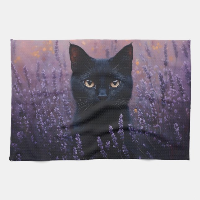 Black Cat in a Lavender Field Illustration Kitchen Towel (Horizontal)