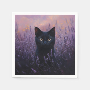 Black Cat in a Lavender Field Illustration Napkins