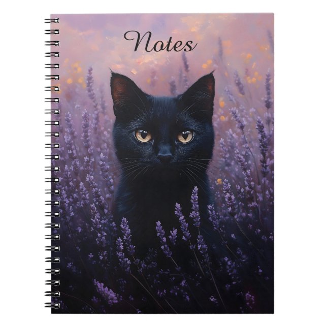Black Cat in a Lavender Field Illustration Notebook (Front)