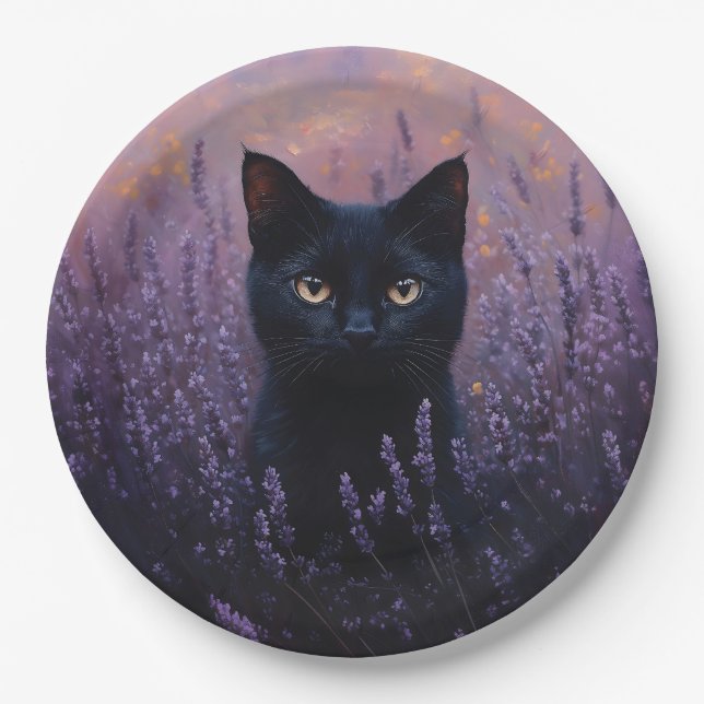 Black Cat in a Lavender Field Illustration Paper Plates (Front)