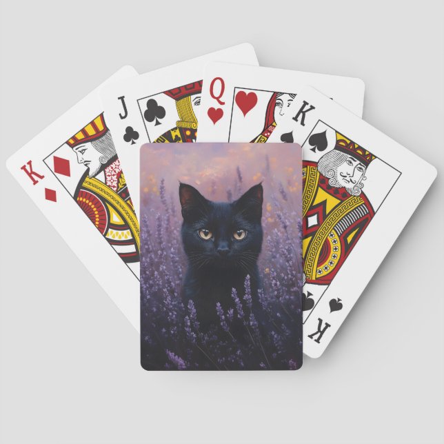 Black Cat in a Lavender Field Illustration Poker Cards (Back)
