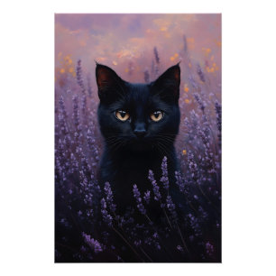 Black Cat in a Lavender Field Illustration Poster