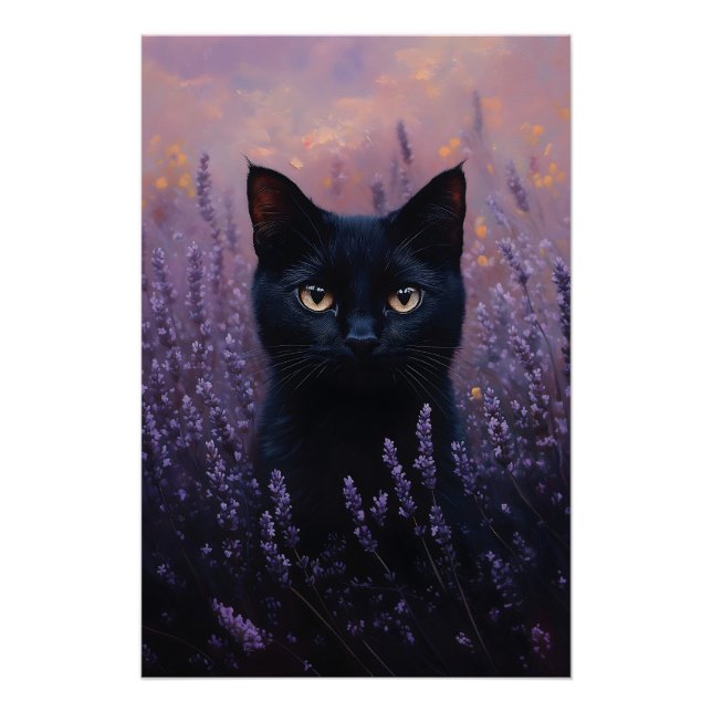 Black Cat in a Lavender Field Illustration Poster (Front)