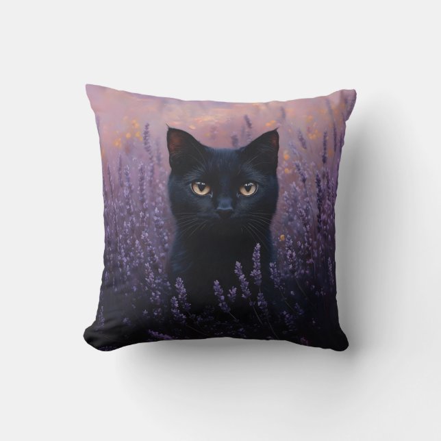 Black Cat in a Lavender Field Illustration Throw Pillow (Front)