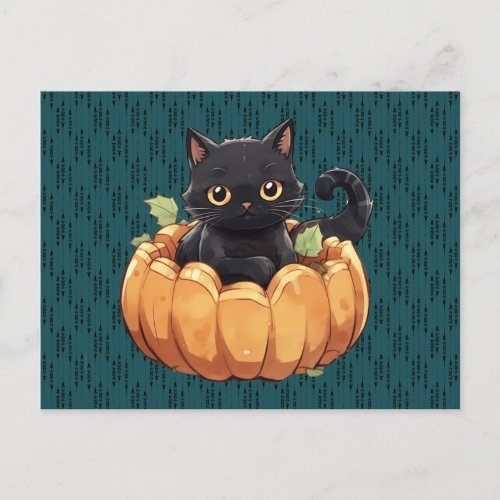 Black Cat in a Pumpkin Cute Adorable Halloween Holiday Postcard