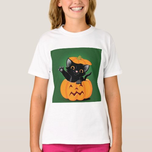 Black Cat In A Pumpkin Girls T_Shirt