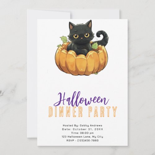 Black Cat in a Pumpkin Halloween Dinner Party Invitation