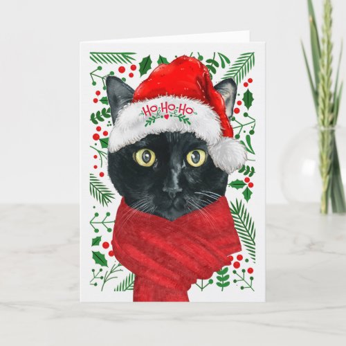 Black Cat in a Santa Hat Meowy Christmas Holiday Card