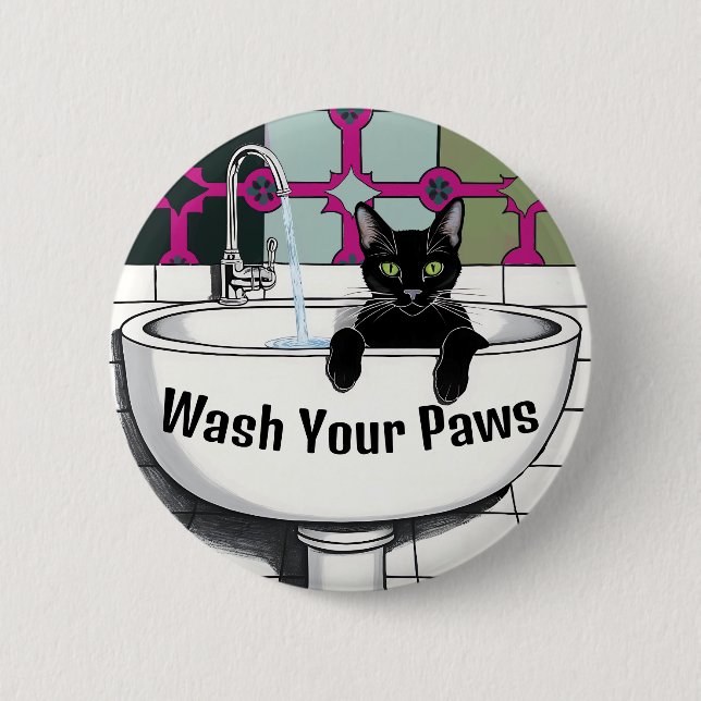 Black Cat in a Sink, Wash roo, washing paws Button (Front)