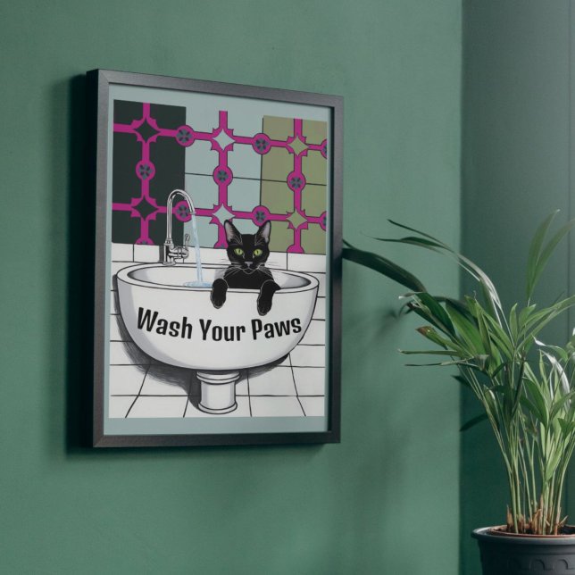 Black Cat in a Sink, Wash room, washing paws Poster (Creator Uploaded)