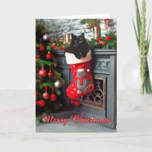 Black Cat in a Stocking on Mantle Christmas Card