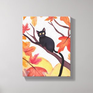 Black Cat in a Tree Fall Autumn Spooky Cute Canvas Print