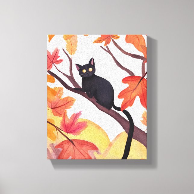 Black Cat in a Tree | Fall Autumn Spooky Cute Canvas Print (Front)
