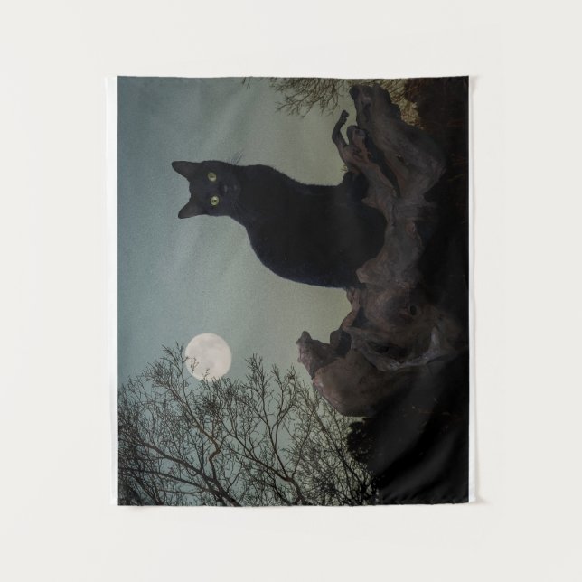 Black Cat in a Tree in Front of a Full Moon Tapestry (Front)