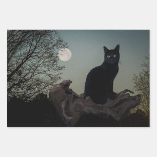 Black Cat in a Tree in Front of a Full Moon Wrapping Paper Sheets