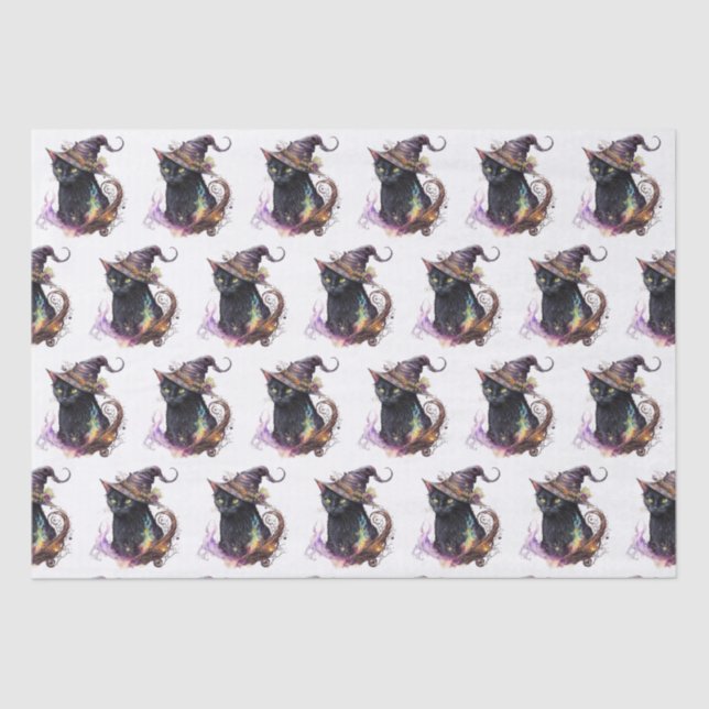 Black Cat in a Witch's Hat White Halloween Tissue Paper (Front)