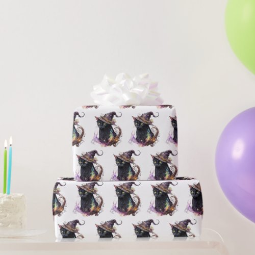 Black Cat in a Witchs Hat White Halloween Wrapping Paper