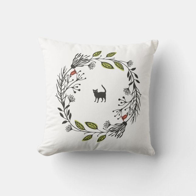 Black Cat in a Wreath | Throw Pillow (Front)