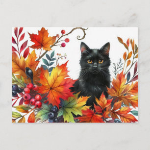 Black Cat in Autumn Colorful Leaves Postcard