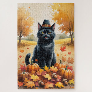 Black Cat In Autumn Leaves Thanksgiving Art Jigsaw Puzzle