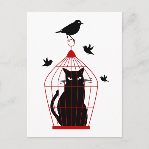 black cat in birdcage with birds postcard