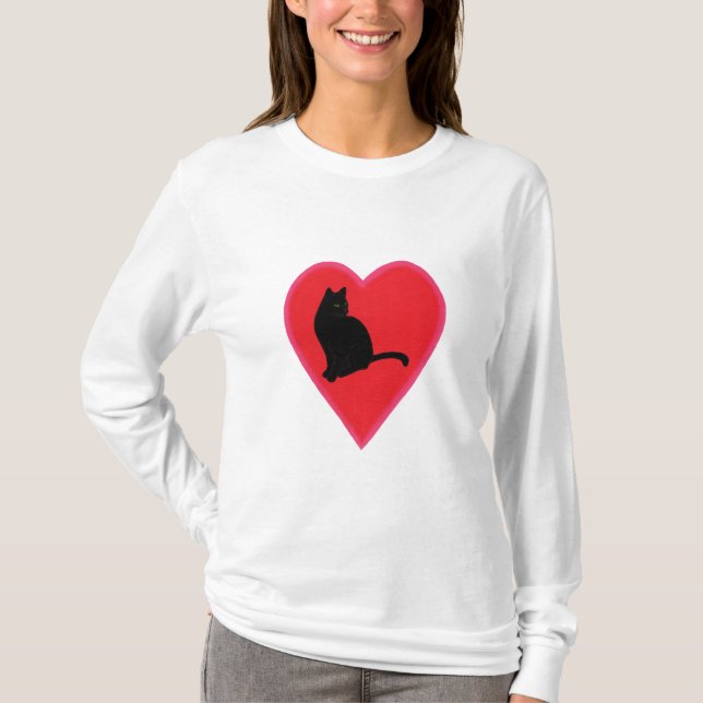 Black Cat in Blended Red and Pink Heart tshirts (Front)