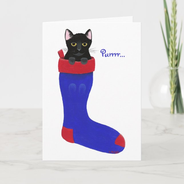 Black Cat in Blue Christmas Stocking Cards (Front)