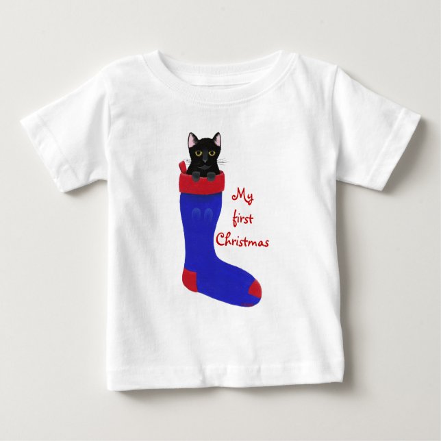 Black Cat in Blue Christmas Stocking Tshirt (Front)