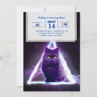 Black cat in blue neon hipster triangle invitation