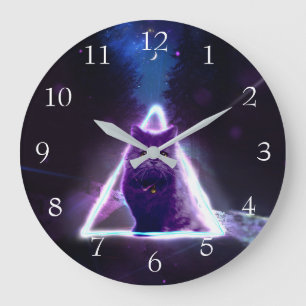 Black cat in blue neon hipster triangle large clock