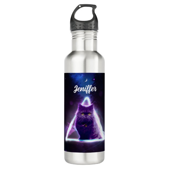 Black cat in blue neon hipster triangle            stainless steel water bottle (Front)