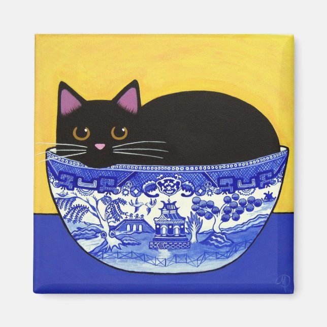 Black CAT in Blue Willow Bowl Square Magnet (Front)