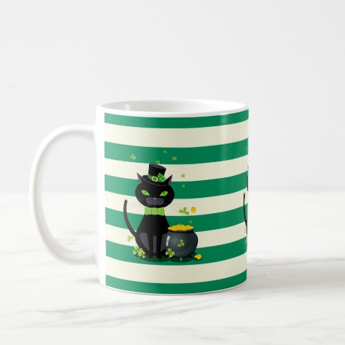 Black cat in bow tie and hat with green shamrock coffee mug