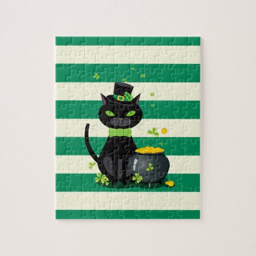 Black cat in bow tie and hat with green shamrock jigsaw puzzle
