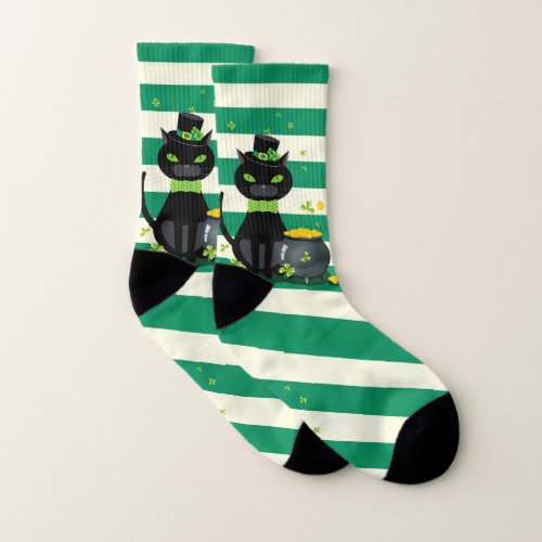 Black cat in bow tie and hat with green shamrock socks