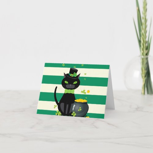 Black cat in bow tie and hat with green shamrock thank you card