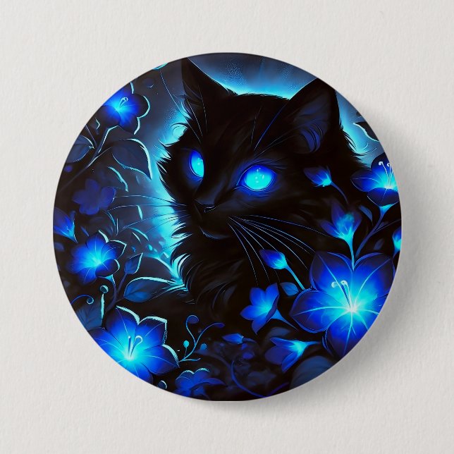 Black cat in bright blue button (Front)